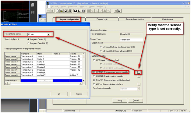 Sepam MET148 setup screen
