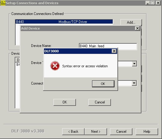 DLF3000 fails with error "Syntax error or access violation" Language