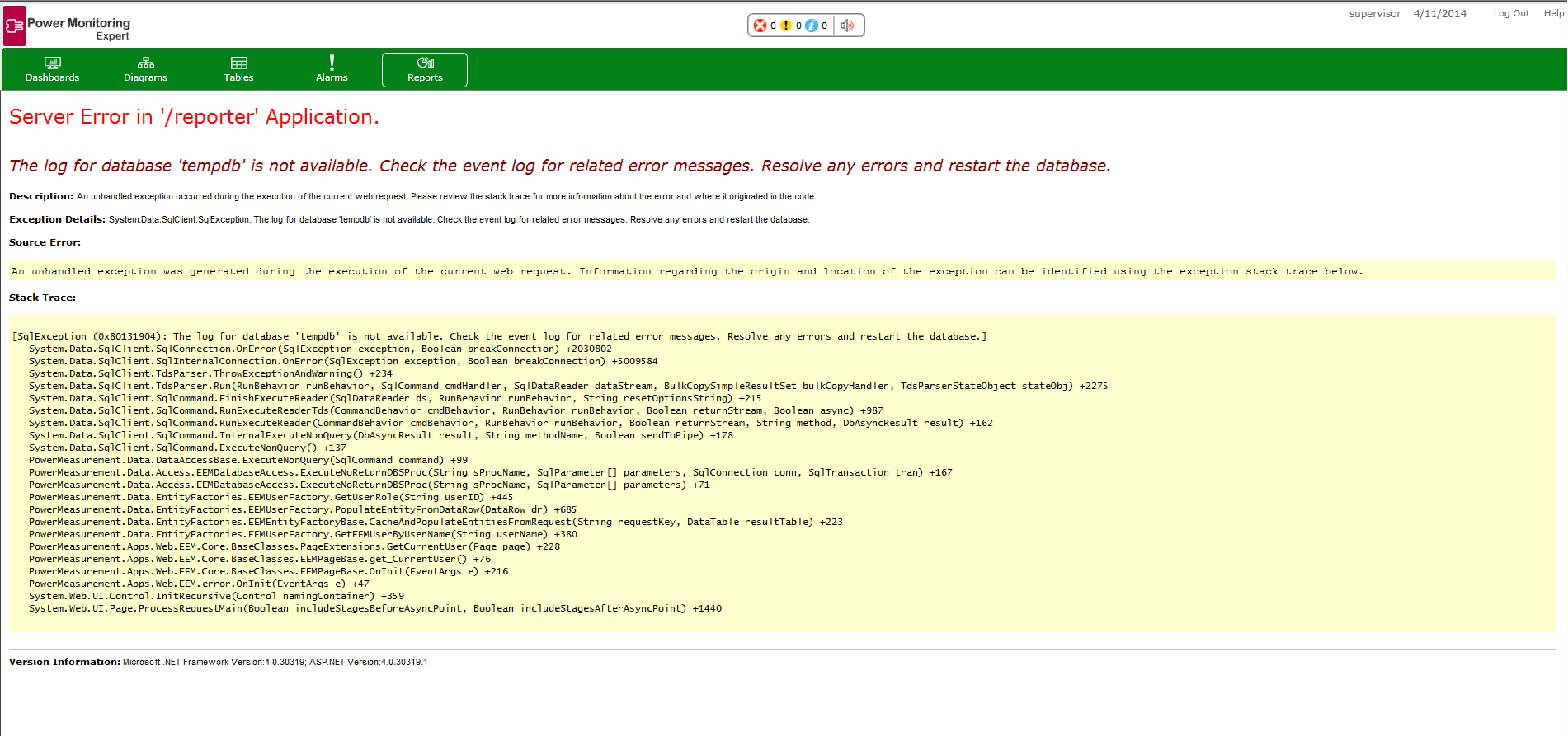 Server error screen from reporter application