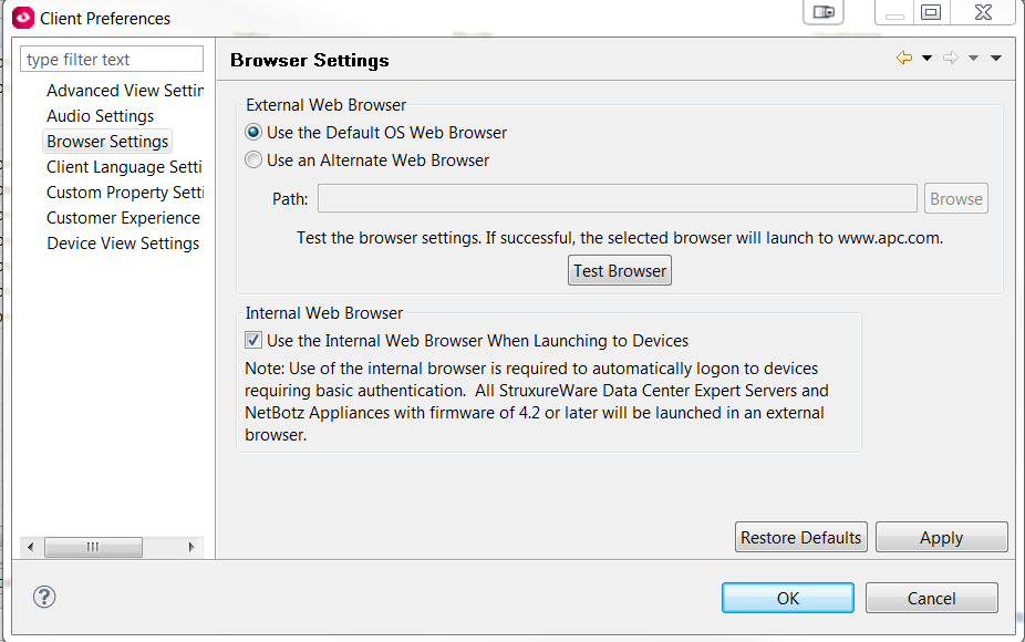 External web browser client preferences