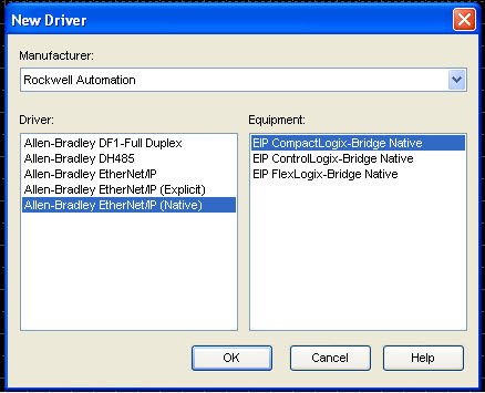 Choose a driver - here we choose Allen-Bradley EtherNet/IP for CompactLogix
