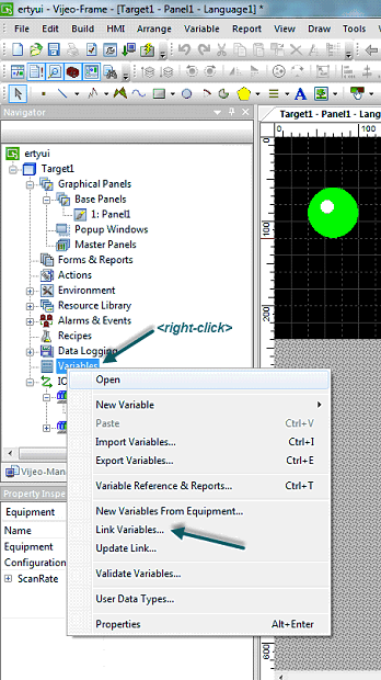 Right-click on Variables node in Vijeo Designer and choose Link Variables