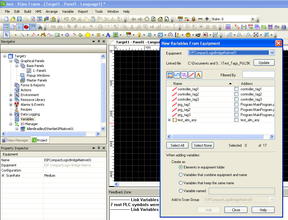 Select the Tags you wish to import from the New Variables From Equipment dialog