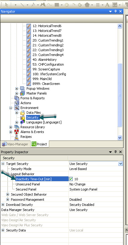 Vijeo Designer Buildtime Project Navigator > Environment > Security settings Vijeo Designer Buildtime Project Navigator > Environment > Security settings