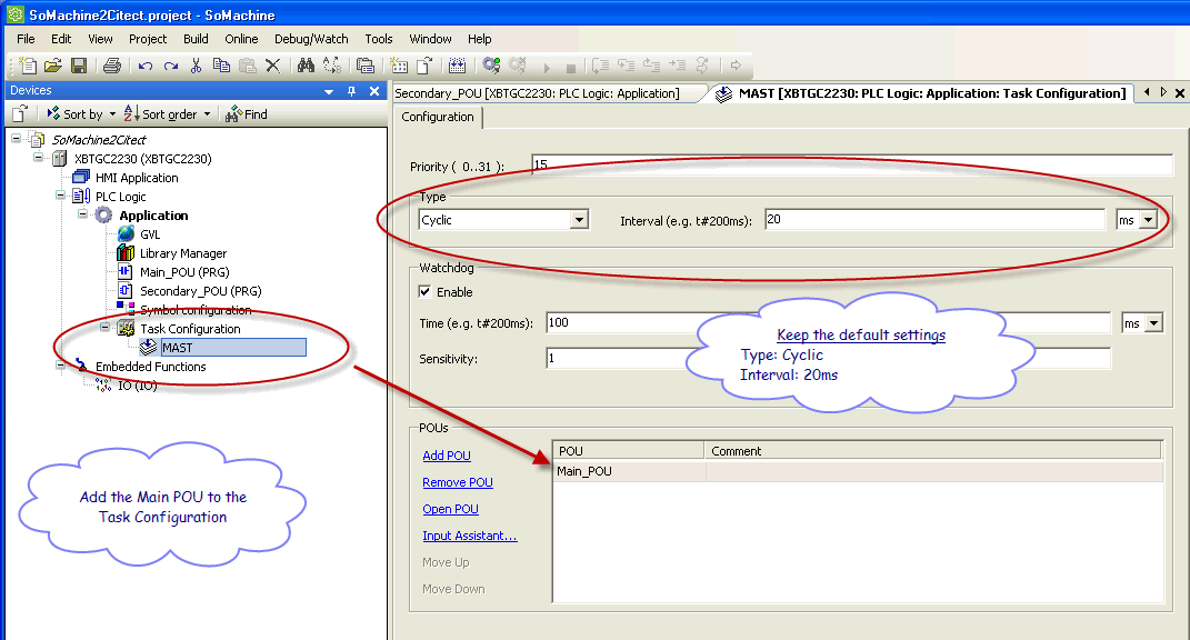Add Main POU to Task Configuration
