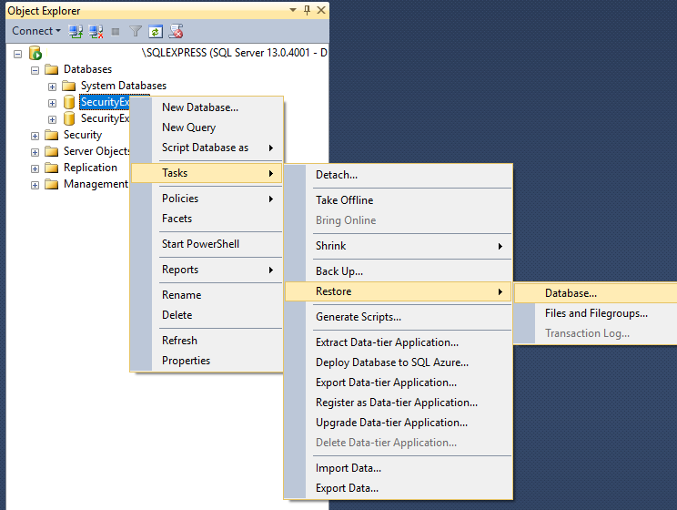 Machine generated alternative text:Object Explorer Connect • \SQLEXPRESS (SQL server 130.4001 Databases System Databases Security Security Security Server Obje Replication Management New Database... New Query Script Database as Tasks Policies Facets Start PowerSheII Reports Rename Delete Refresh Properties Detach... Take Offline Bring Online Shrink Back Up... Restore Generate Scripts.. Extract Data-tier Application... Deploy Database to SQL Azure... Export Data-tier Application... Register as Data-tier Application... Upgrade Data-tier Application... Delete Data-tier Application... Import Data... Export Data... Database... Files and Filegroups... Transaction Log...