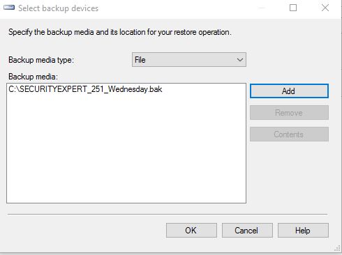Machine generated alternative text:Select backup devices Specify the backup media and its location for your restore operation Backup media type: Backup media C \SECURITYEXP bak Cont arge