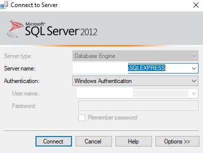 Connect to Server Micmft• SQL Server 2012 Servertype: Server name SOLEXPRESS Wit-dows Authentication user name: Password: Remember password
