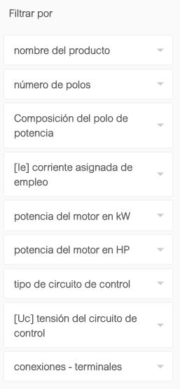 Características de selección para contactor