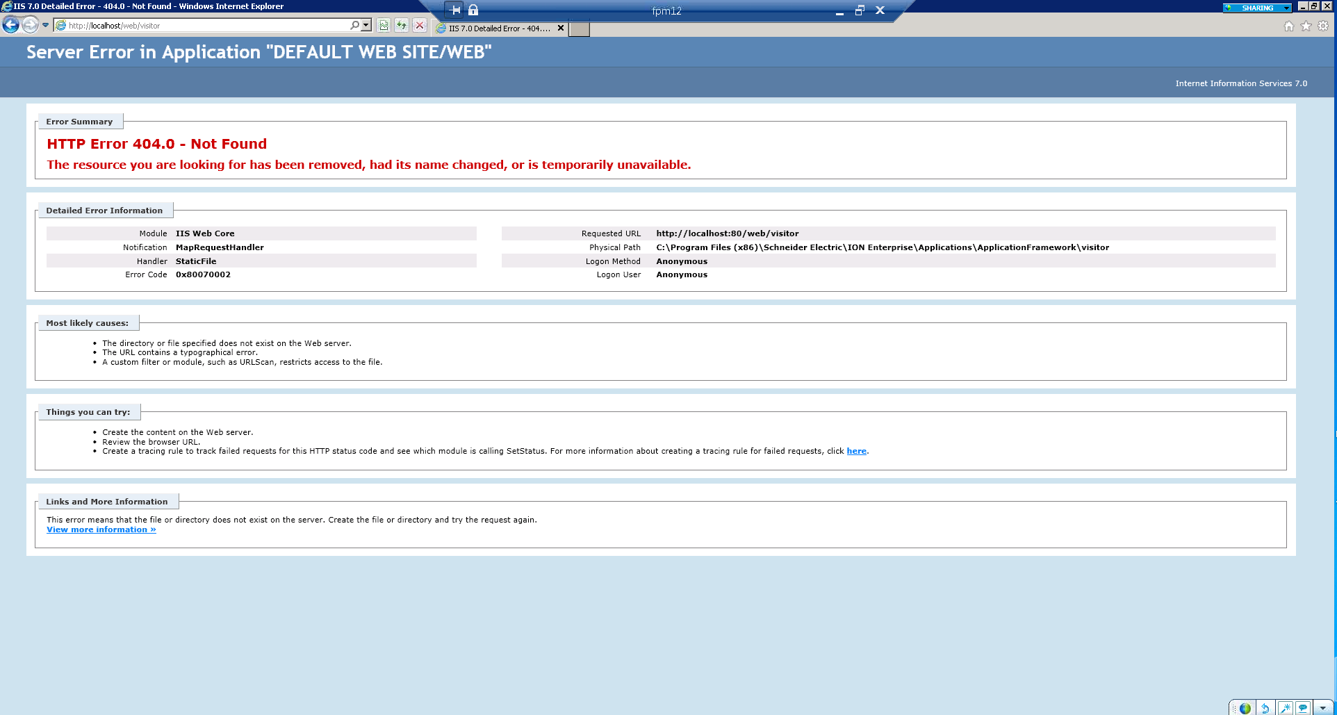 Screenshot of the software error.