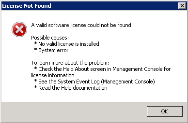 error message for a valid software license could not be found