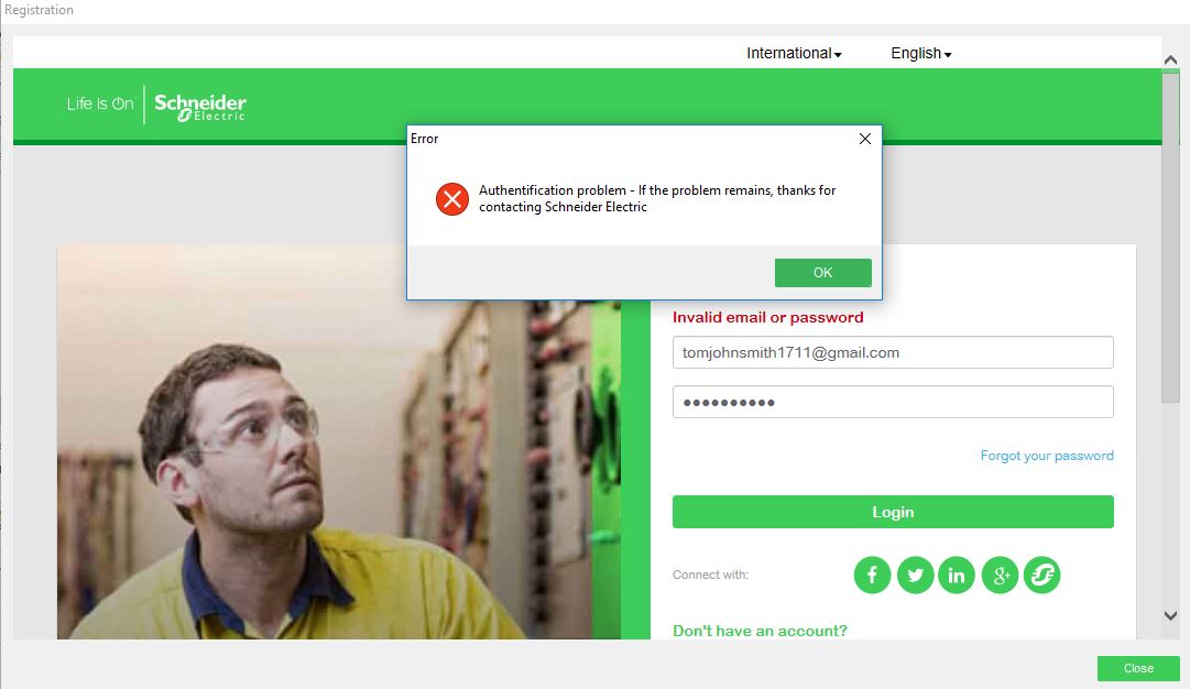 After entering my username & password in the authentication window for Ecostruxure Power Build Rapsody , I get an error message/software crashes/software does not open