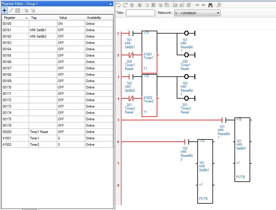 Logic example showing how a write to a coil (SET) can be cleared (RESET) after a set amount of time using the PUTB function 