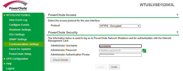 PowerChute UI communications settings page PowerChute UI communications settings page