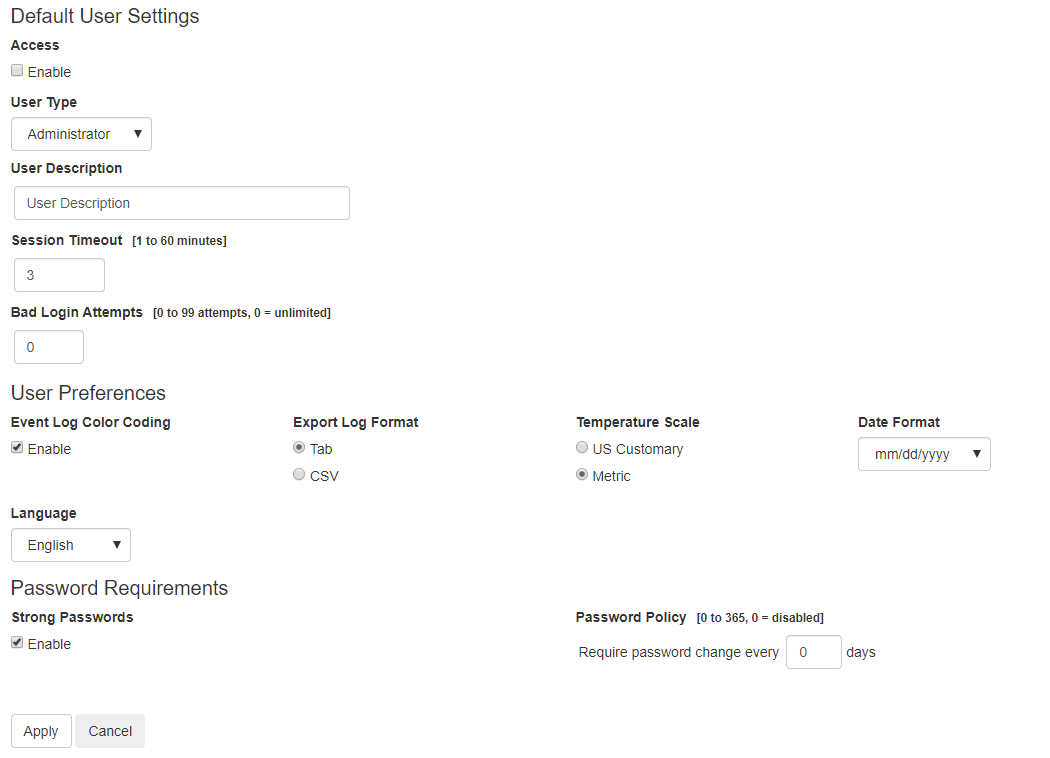 default user settings