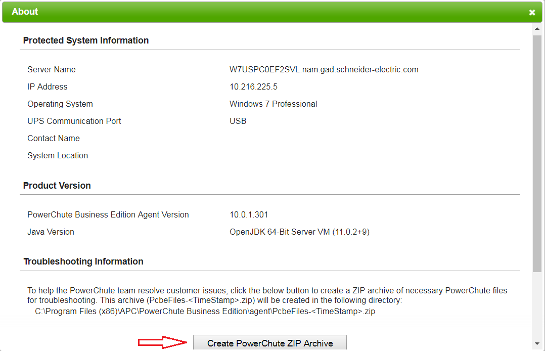 PowerChute Business Edition About Web page