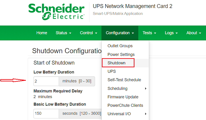 Low Battery Duration as displayed on NMC web interface