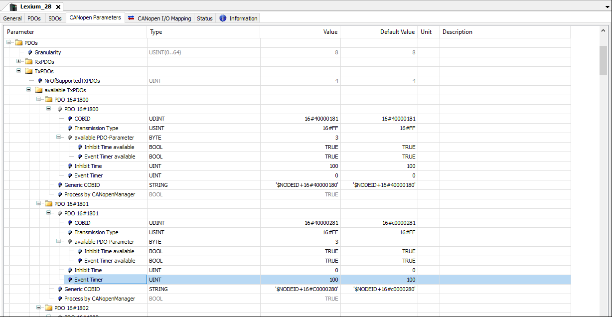 CANopen Parameters tab for Lexium 28