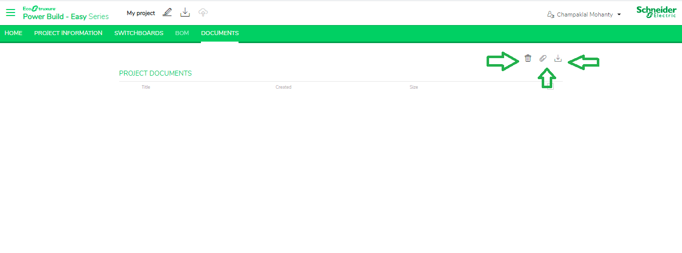 where can you upload, download or remove documents from a project in EcoStruxure Power Build - Easy Series Application.