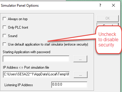 Simulator panel options