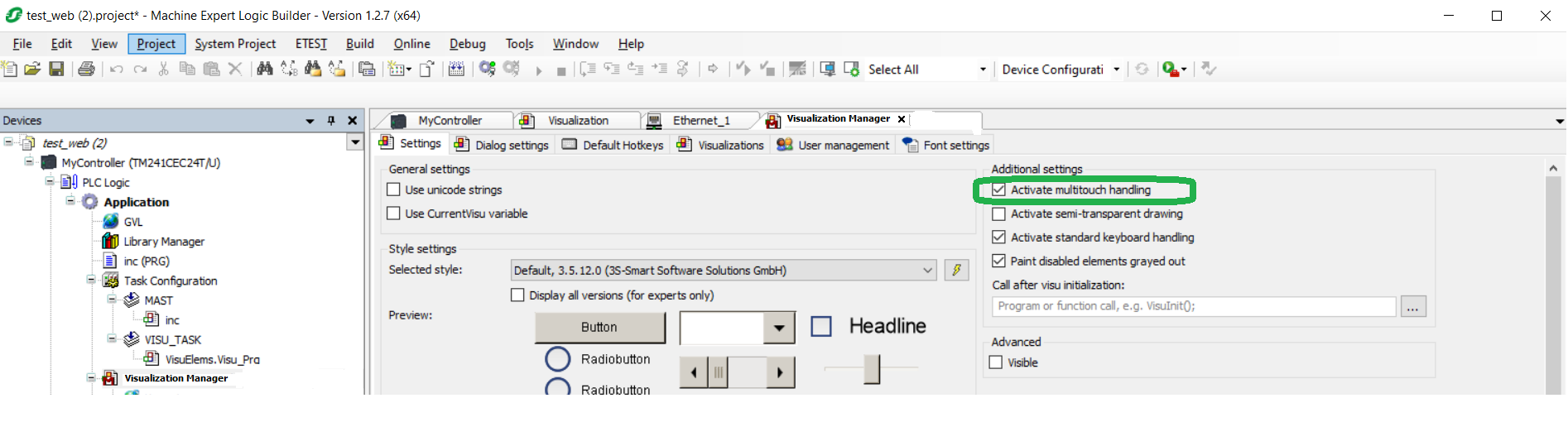 Visualization Manager settings to use the Momentary ON function