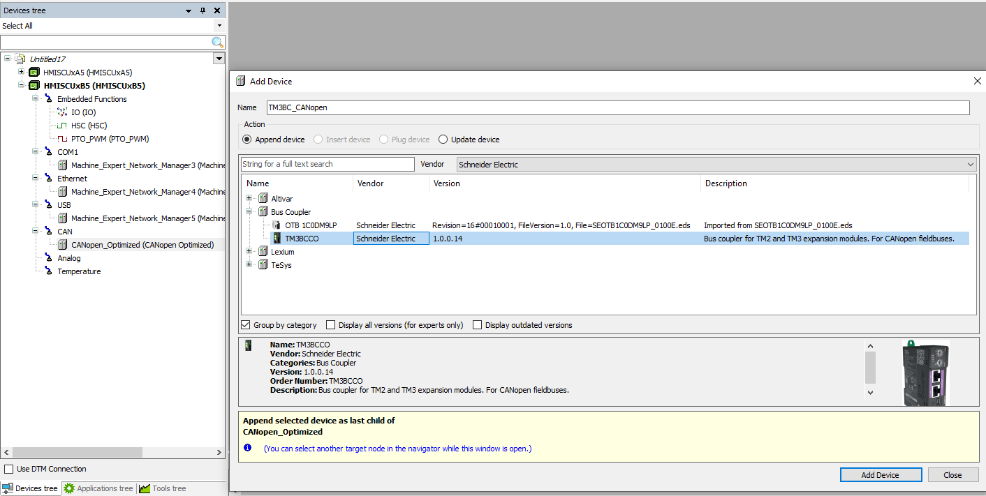 Add the TM3 Bus Coupler under Devices Tree > CAN > CAN_Optimized node