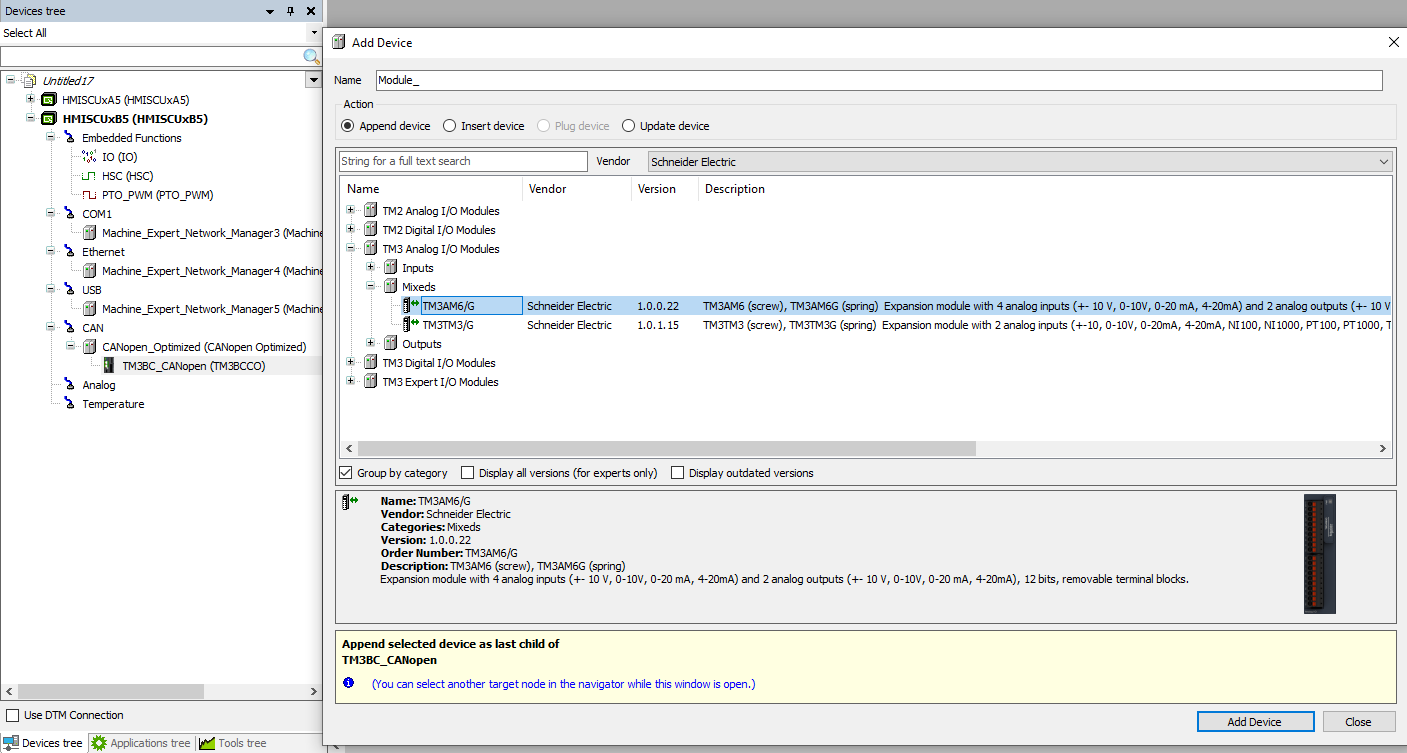 Add TM3 I/O Modules under the TM3BC_CANopen node