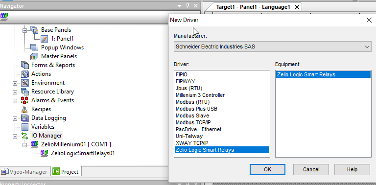 Add the Zelio Logic Smart Relay driver in Vijeo Designer