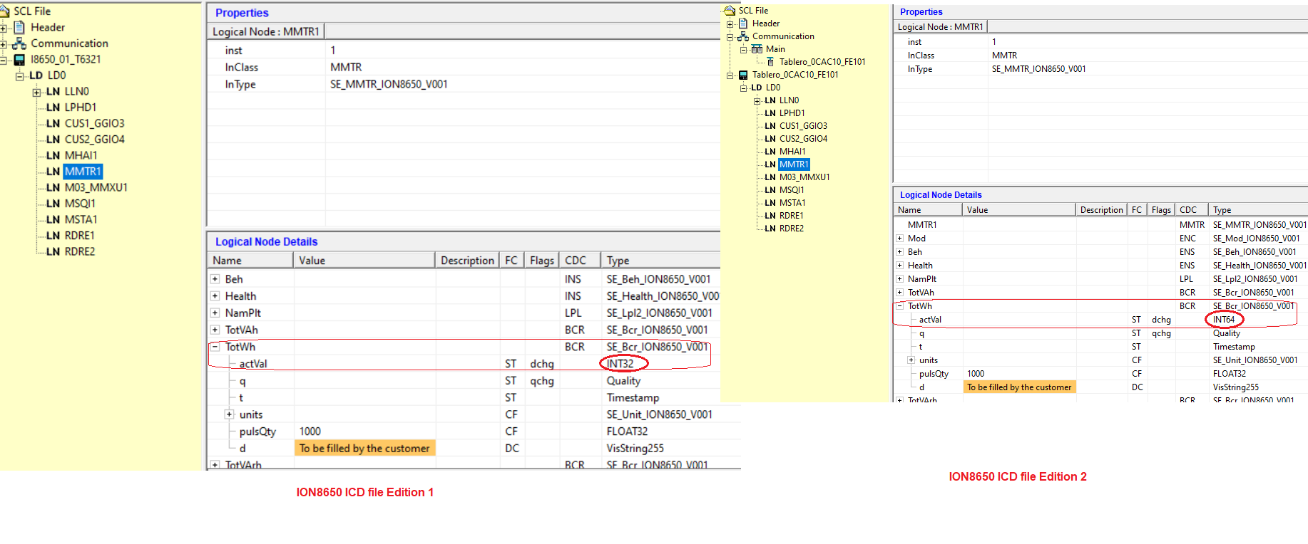 Comparing ICD E1 and ICD E2 files in CET850