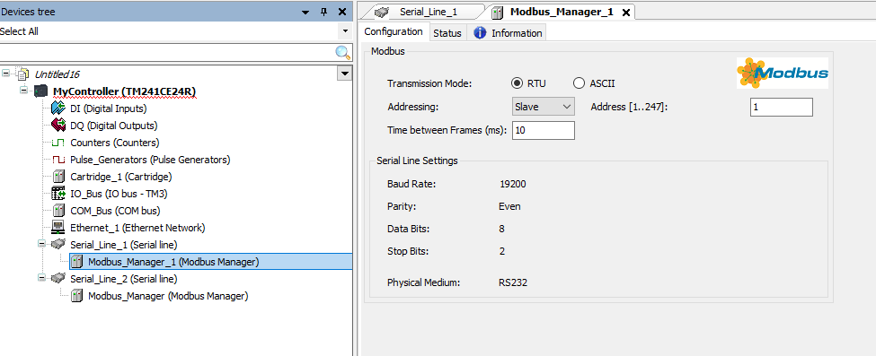 Review Modbus Manager node settings