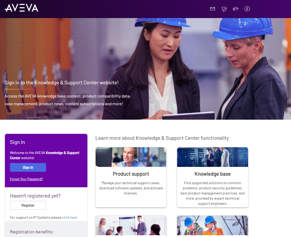 Aveva Global Support Portal login page.