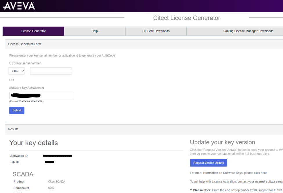 License details and Request Version Upgrade button