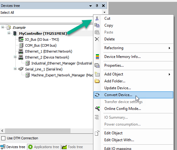 Right-click menu for device