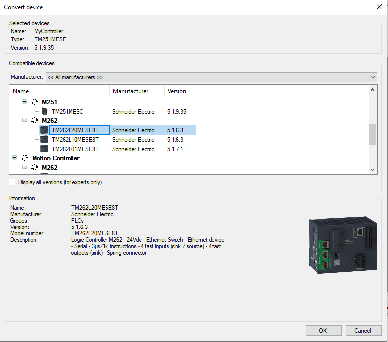 Convert device dialog - PLC/HMI selection screen