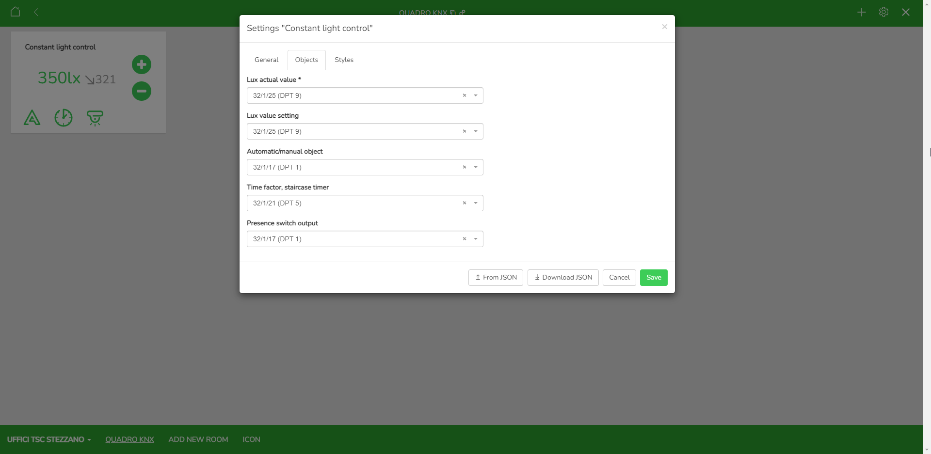 Constant light control widget settings