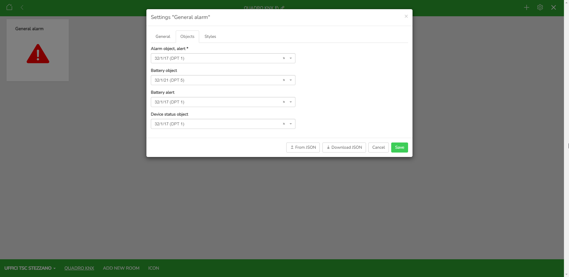 General Alarm widget settings