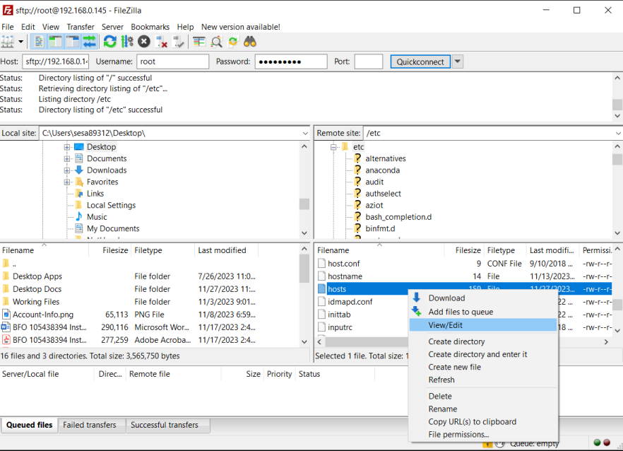 Filezilla log in