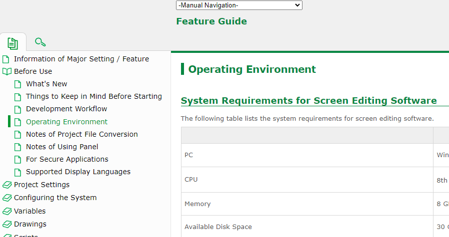 Feature Guide section selection
