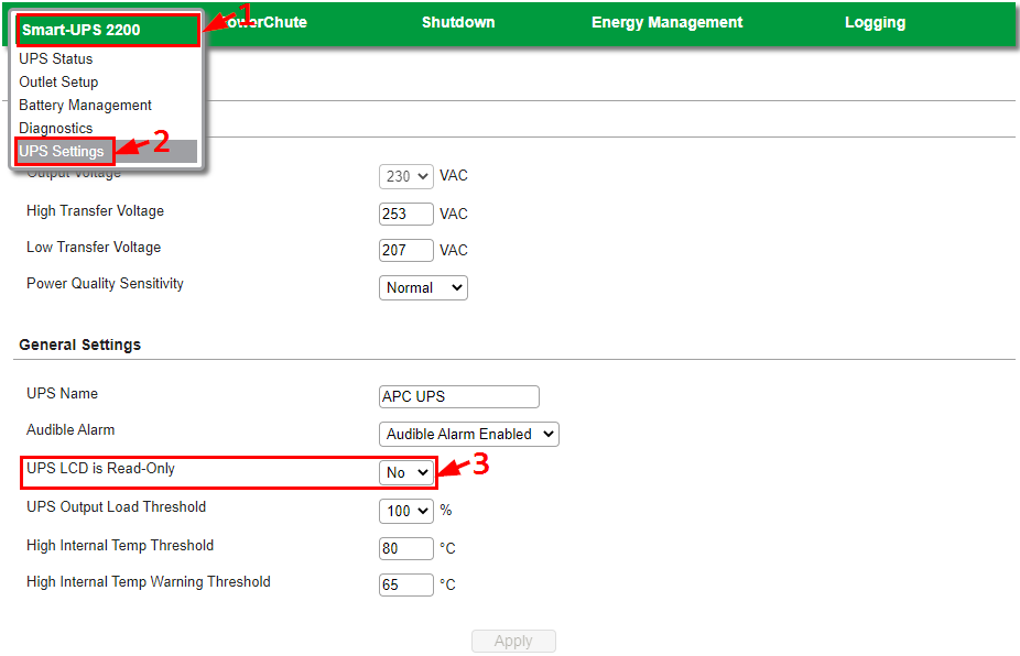 PowerChute LCD read-only setting PowerChute LCD read-only setting