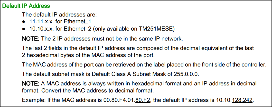 dirección IP por defecto de los controladores M251