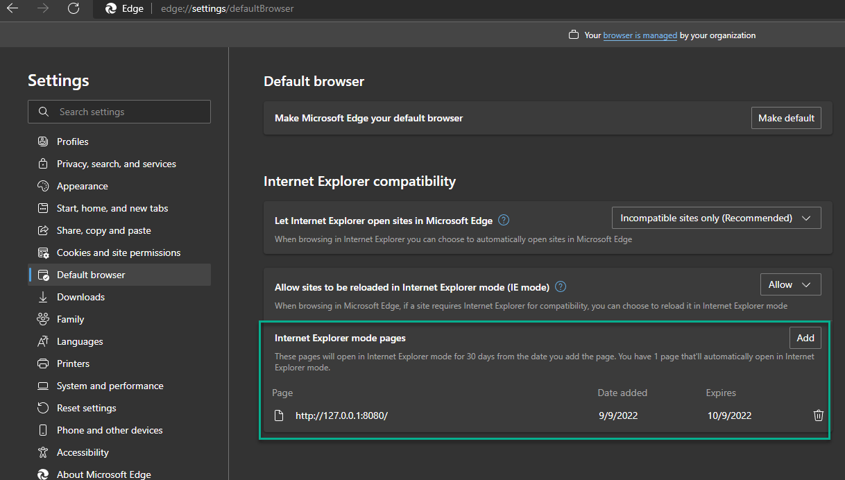 Manage Internet Explorer mode pages