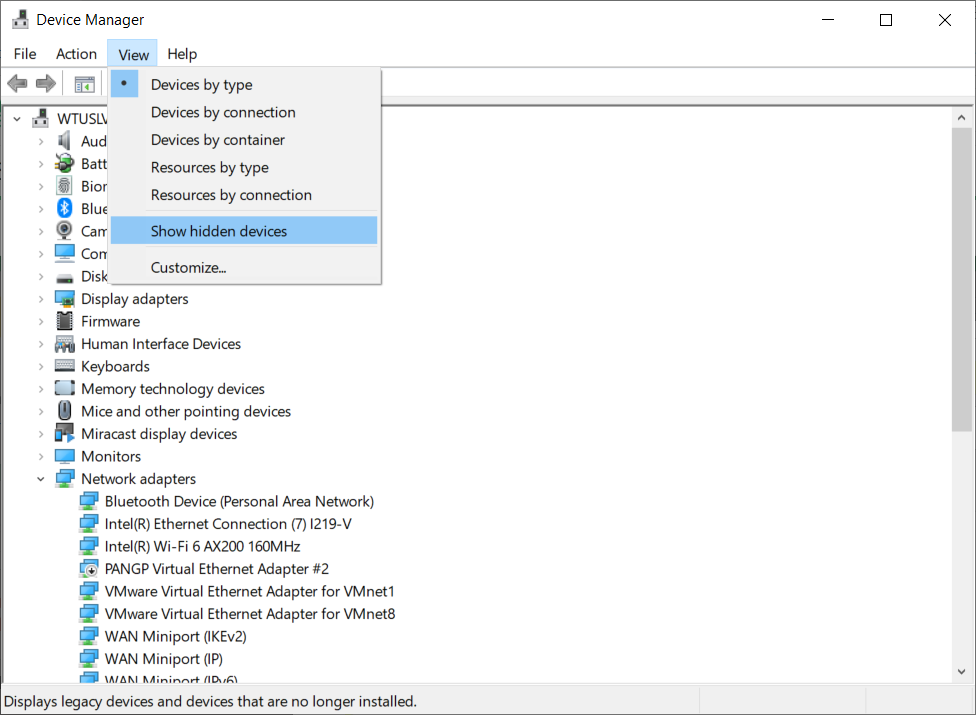 Device Manager -> View -> Show hidden devices