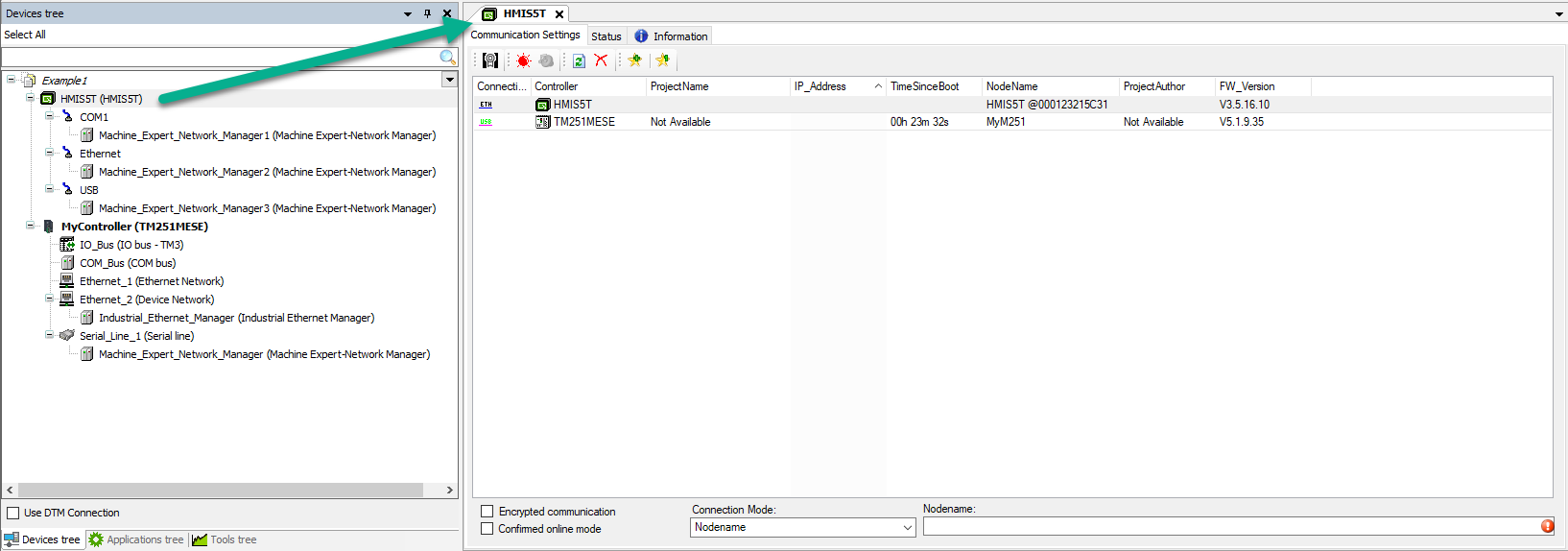 Device Tab -> Controller Selection / Communication Settings tab