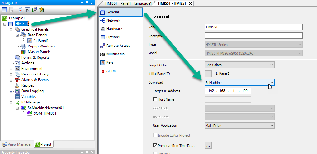 Download method selection set to SoMachine in Vijeo Designer