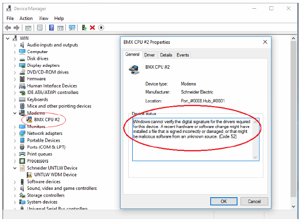 Device Manager Digital Signature message