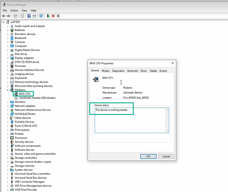 Device Manager - BMX CPU appearing as working properly