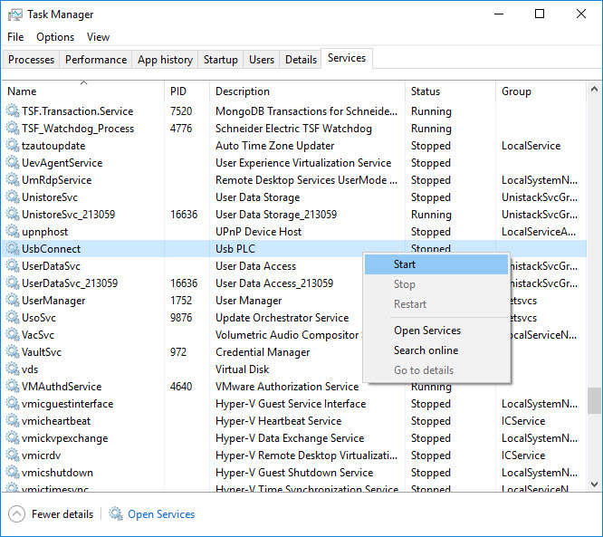 Task Manager -  Start UsbConnect Service