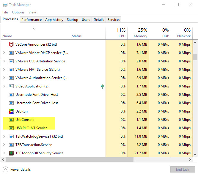 UsbConsole and USB PLC NT Service in Task Manager