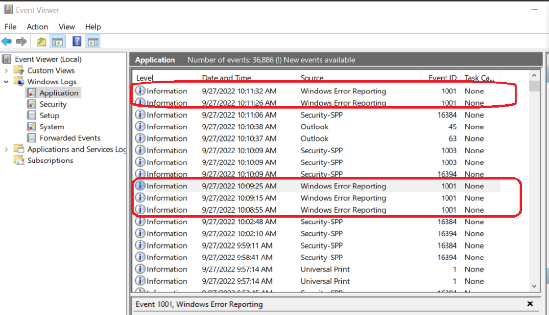 event viewer code 1001