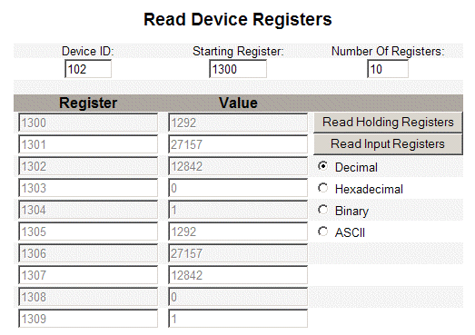 Reading device registers on the EGX Web Server